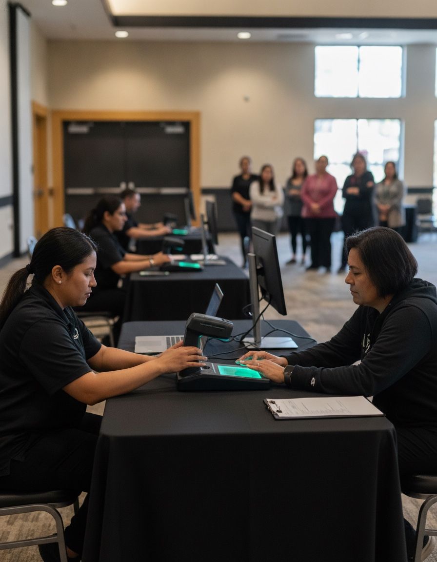 Technicians in black polos fingerprinting participants at black-draped Live Scan stations during a group event